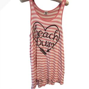 Color Bear Pink White Striped Beach Bum Heart Graphic Tank Top Womens Large
